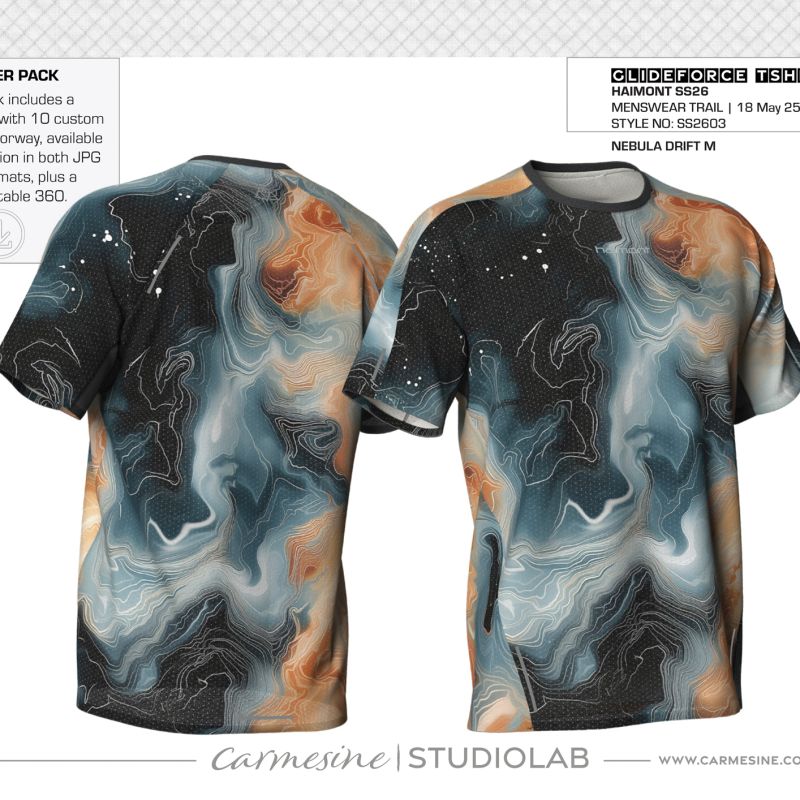 Front and back T-shirt mockups featuring a blue-grey cloudy tie-dye pattern