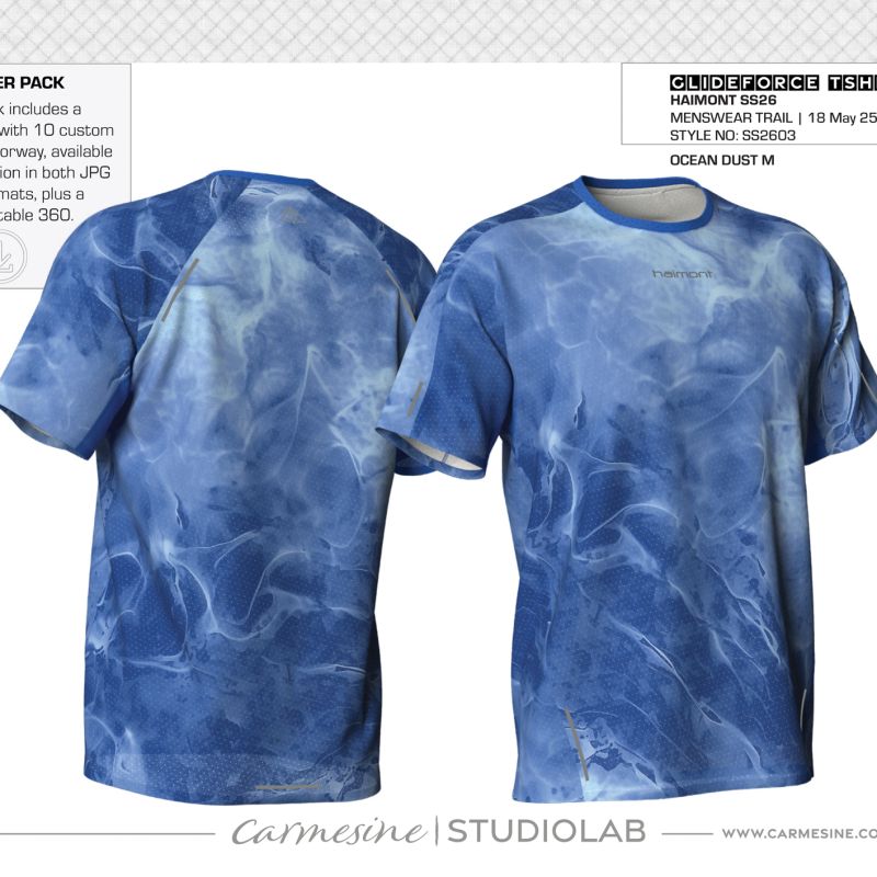 Front and back blue T-shirt print study with tonal cloudy dye pattern
