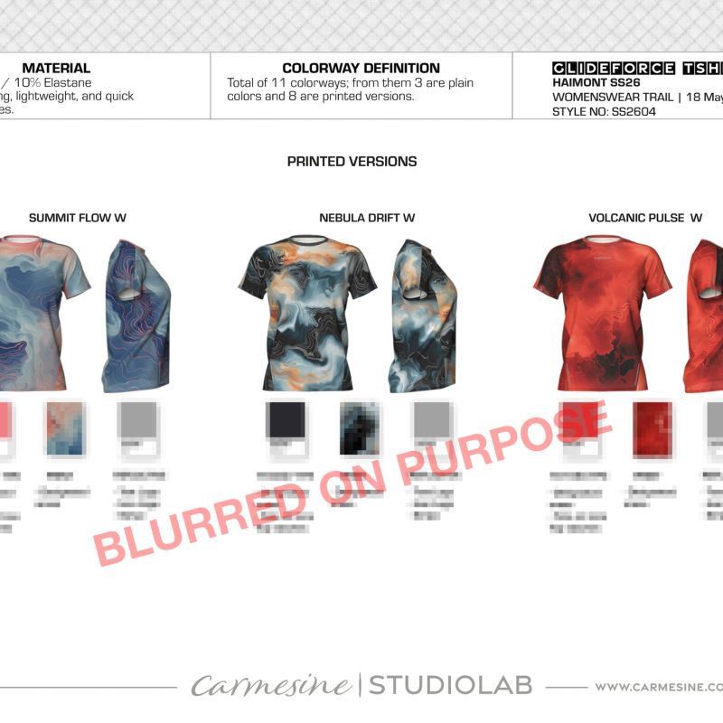 Graphic overview of blue, grey and red tie-dye T-shirt colourways