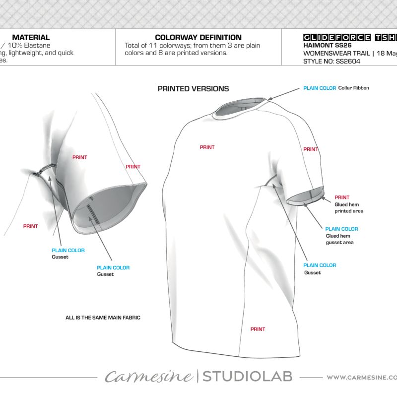 Technical T-shirt design sheet showing front and back views, seams and garment construction details