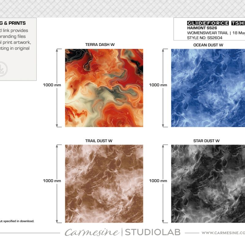 Tie-dye artwork development board with orange, blue, brown and charcoal textile print concepts