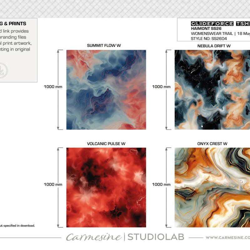 Abstract textile print exploration featuring blue, black, red and orange tie-dye patterns