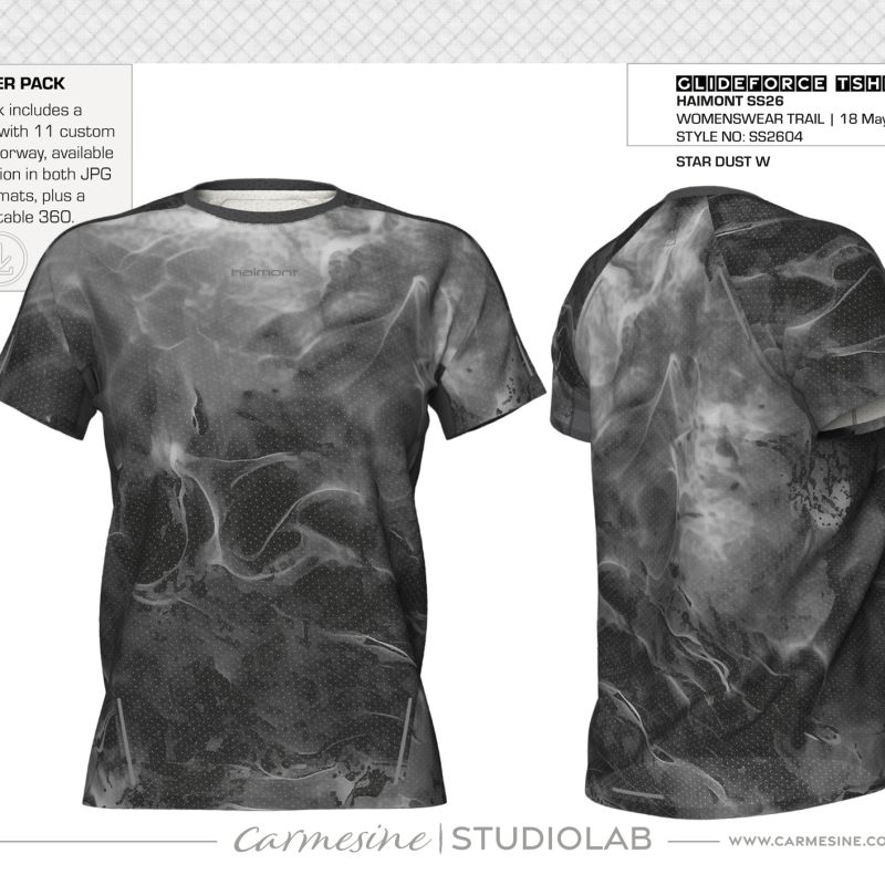 Front and back 3D views of a charcoal grey all-over tie-dye T-shirt