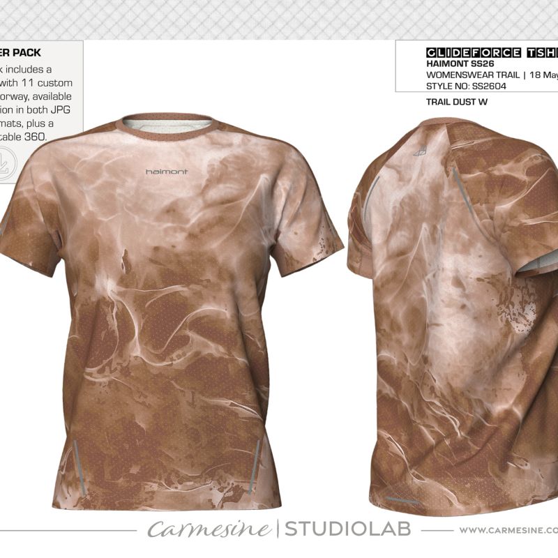 Front and back digital T-shirt visualisations with a mottled brown tie-dye print