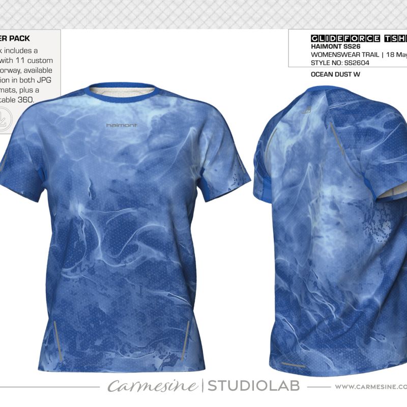 Front and back 3D views of a blue tie-dye T-shirt with cloudy tonal print