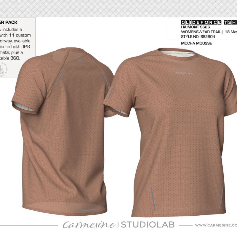 Front and back 3D view of a brown women’s short-sleeve performance T-shirt