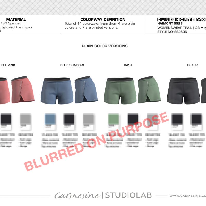 Running shorts colourway overview with fabric colours and design specifications