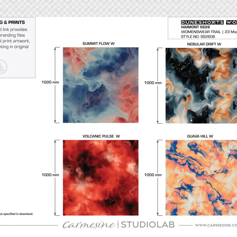 Original abstract textile print concepts in red blue orange and black for technical running shorts