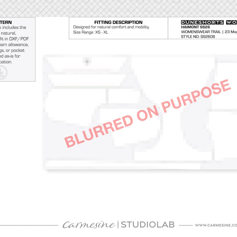 Technical pattern development sheet for lightweight running shorts