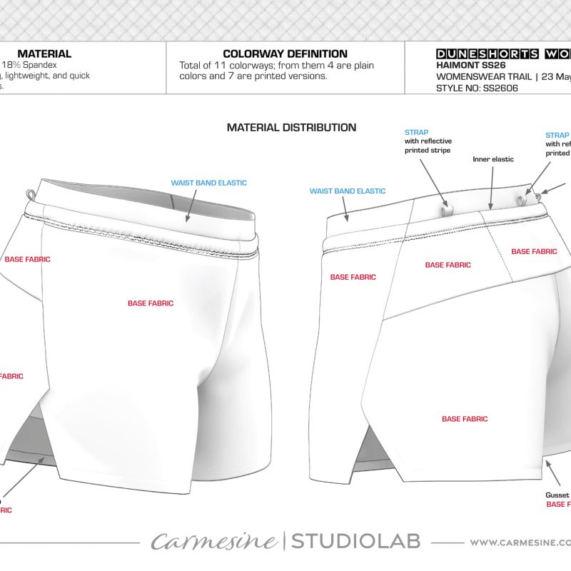 Front and back technical drawing of trail running shorts showing waistband and construction details