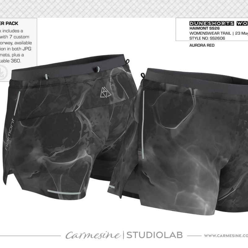 Front and back 3D render of black trail running shorts with abstract tonal print