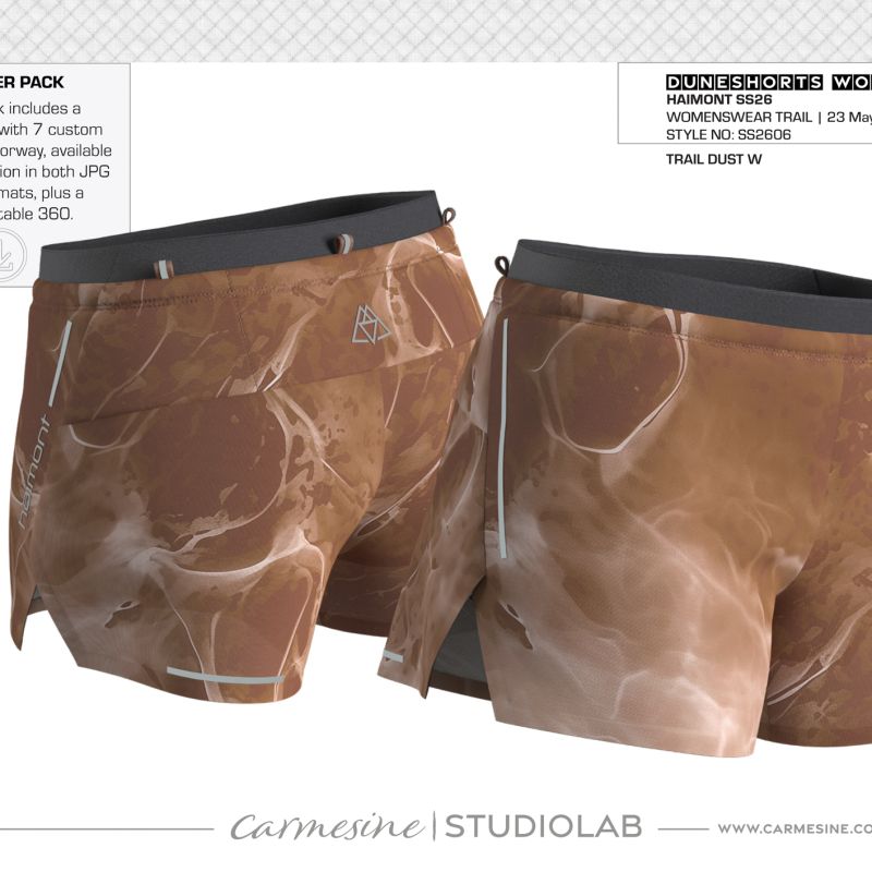 Front and back 3D render of brown trail running shorts with marble-style print