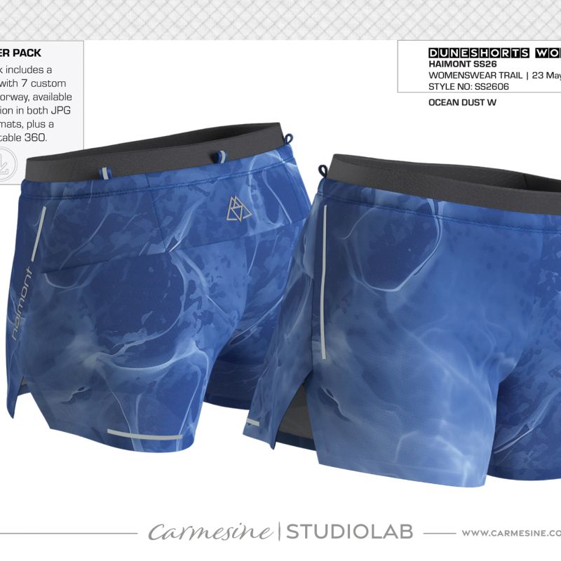 Front and back 3D render of blue running shorts with tonal abstract graphic print