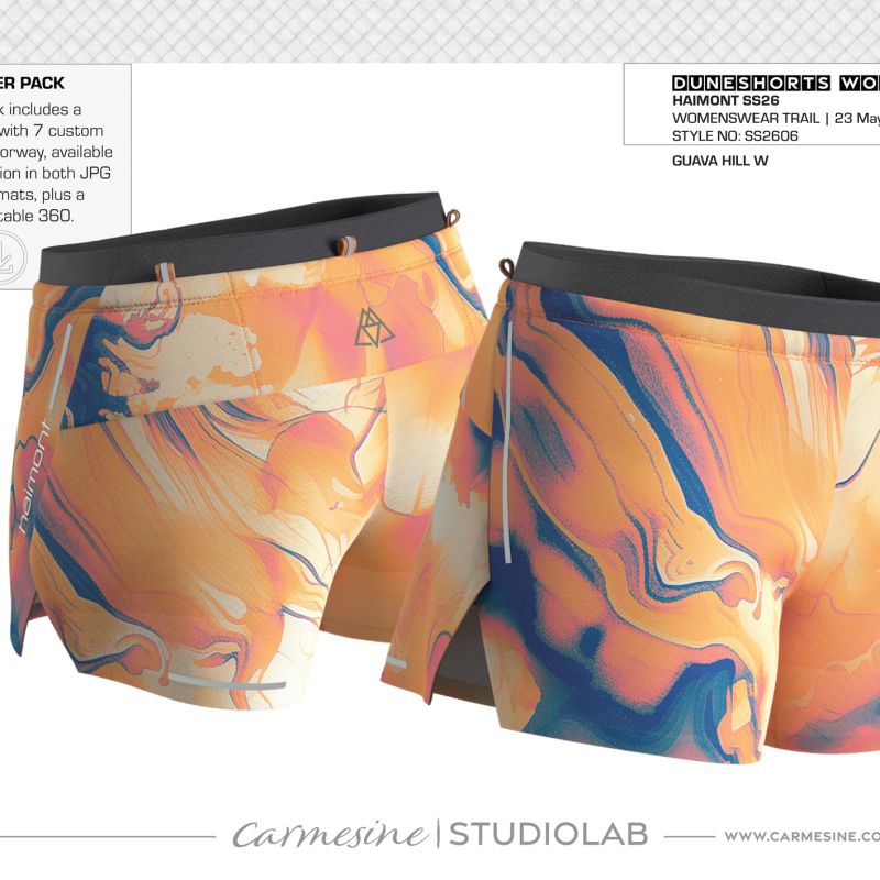 Front and back 3D render of running shorts with vibrant orange and blue abstract print