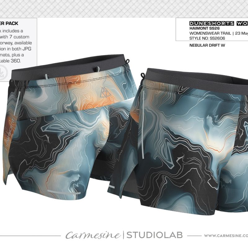 Front and back 3D render of trail running shorts with blue grey and orange flowing print