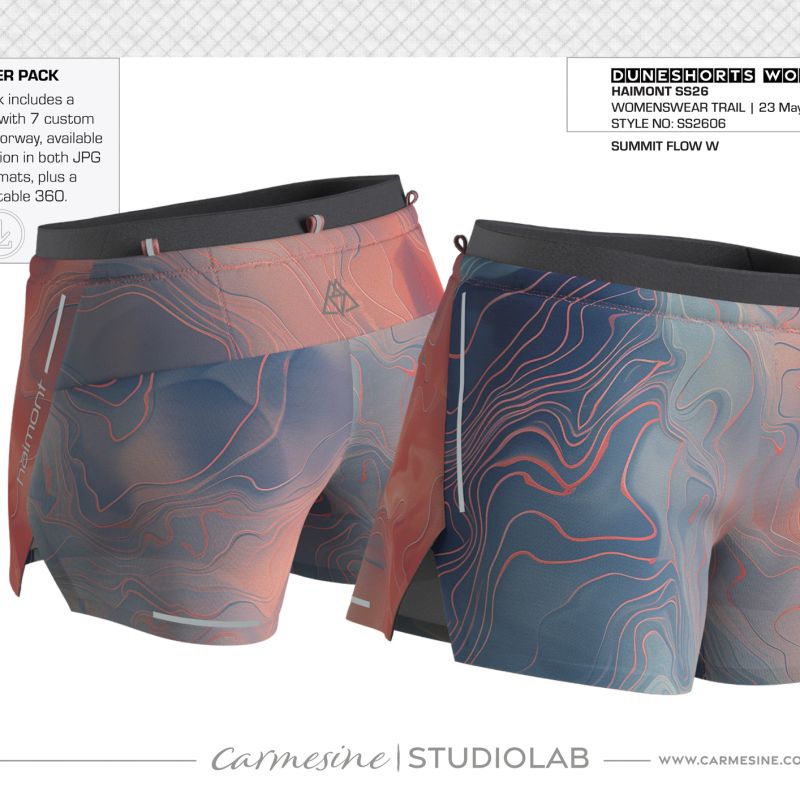 Front and back 3D render of running shorts featuring navy coral and blue abstract artwork