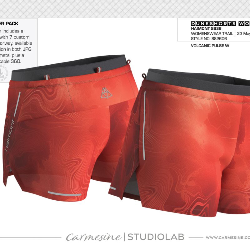 Front and back 3D render of bright orange technical running shorts