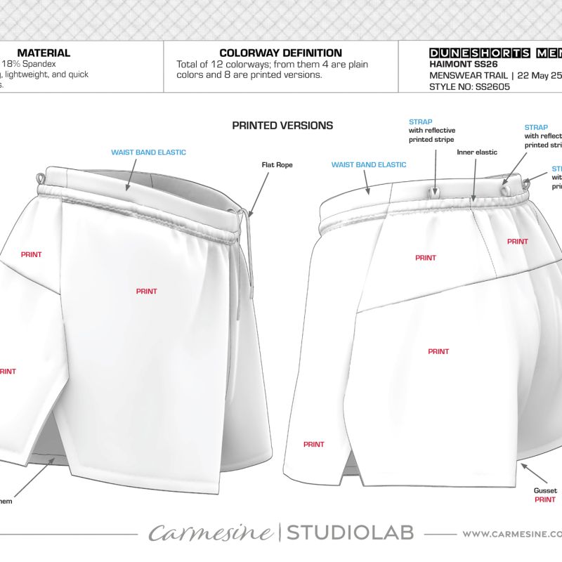 Annotated front and back technical flat of lightweight trail running shorts with construction details