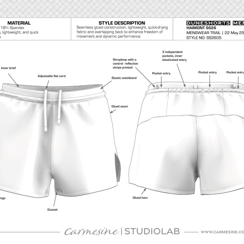 Front and back design specification drawing of running shorts with elastic waistband and drawcord
