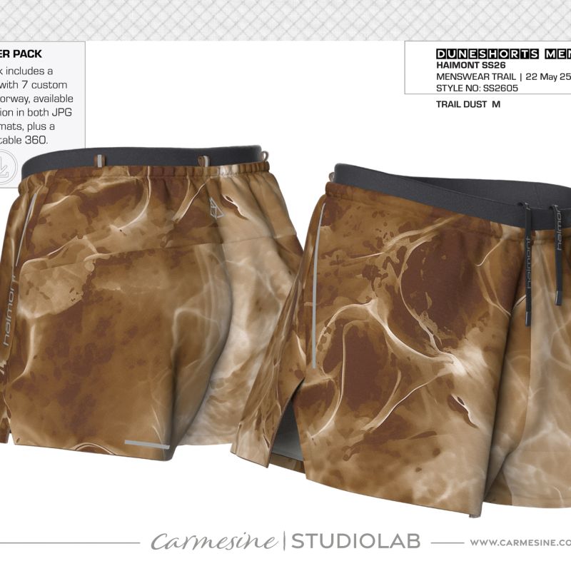 Front and back 3D render of brown abstract-print technical trail running shorts
