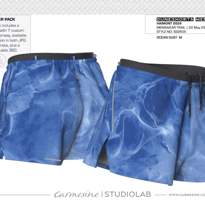 Front and back 3D render of blue marble-print running shorts