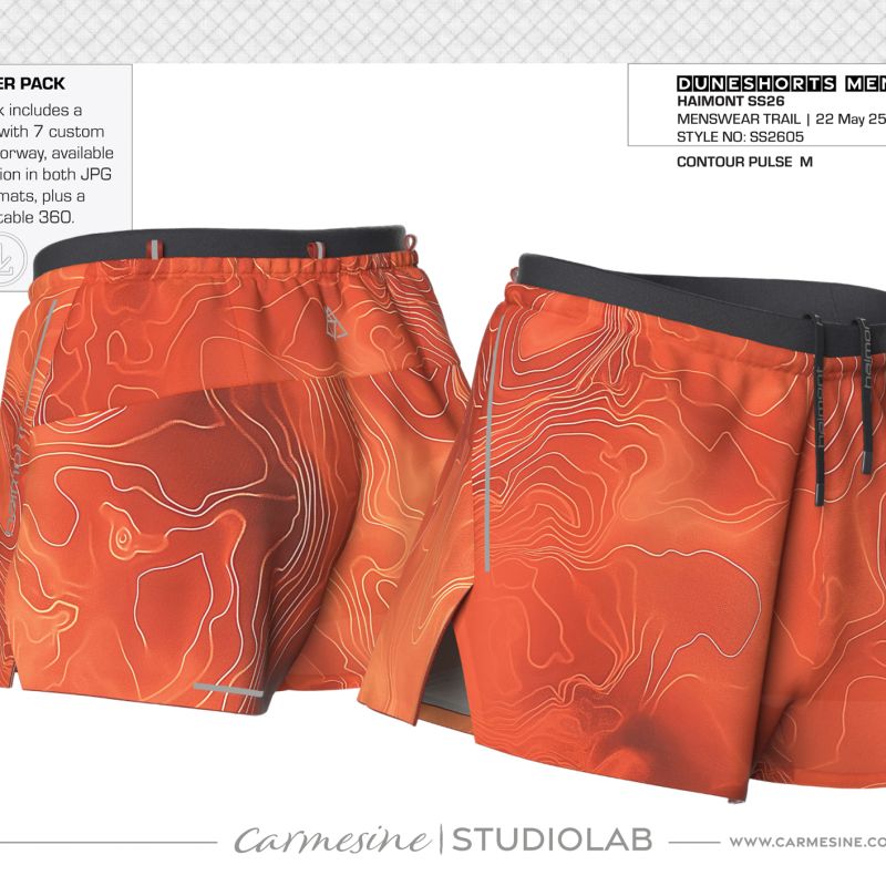 Front and back 3D render of orange running shorts with flowing contour-line graphic print
