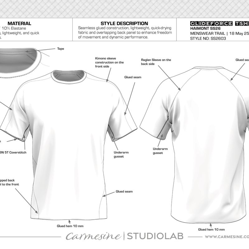 Front and back technical flat drawing of a short-sleeve performance trail running T-shirt with construction notes