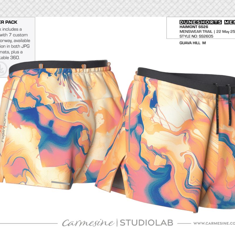 Front and back 3D render of running shorts with vibrant orange blue and yellow abstract print
