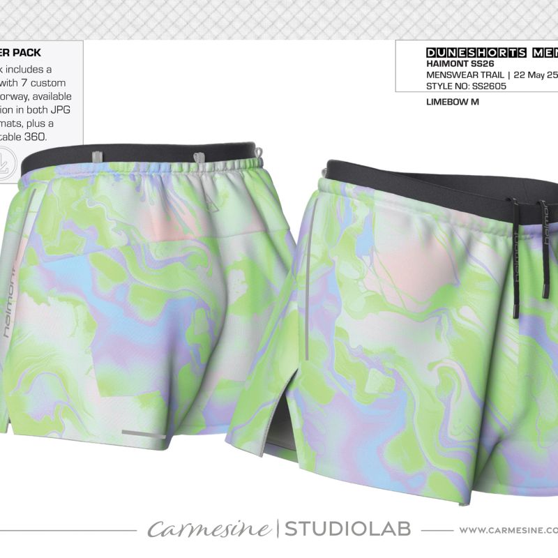Front and back 3D render of light green running shorts with pastel abstract print