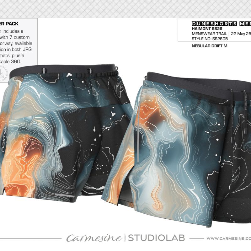 Front and back 3D render of dark running shorts with blue orange and white abstract artwork