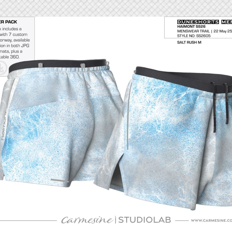 Front and back 3D render of ice-blue running shorts with textured all-over print