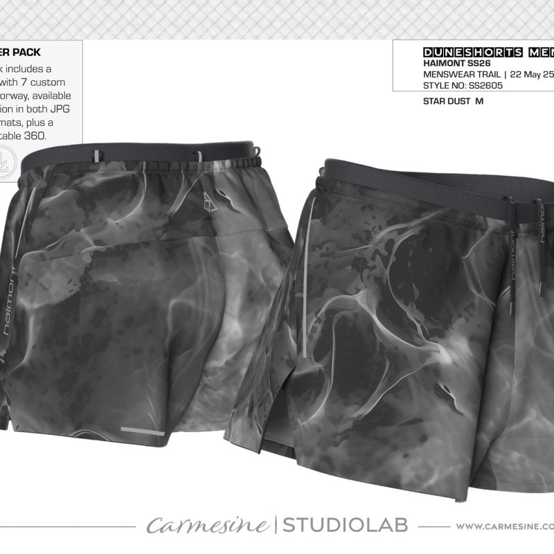 Front and back 3D render of black running shorts with subtle swirling tonal pattern