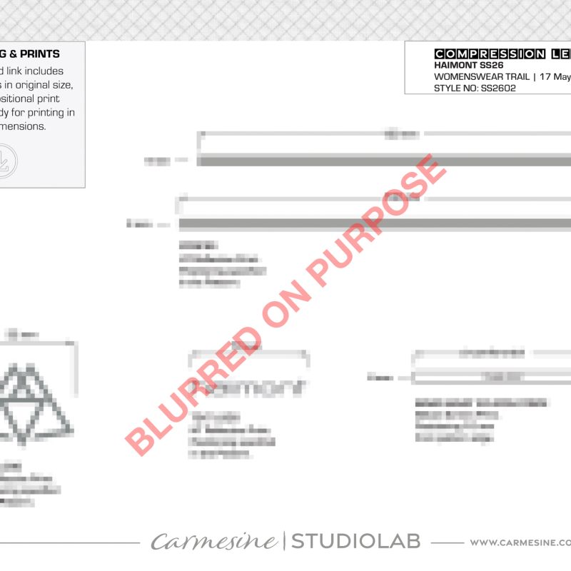 Technical development sheet illustrating waistband trims branding and graphic placement for running apparel