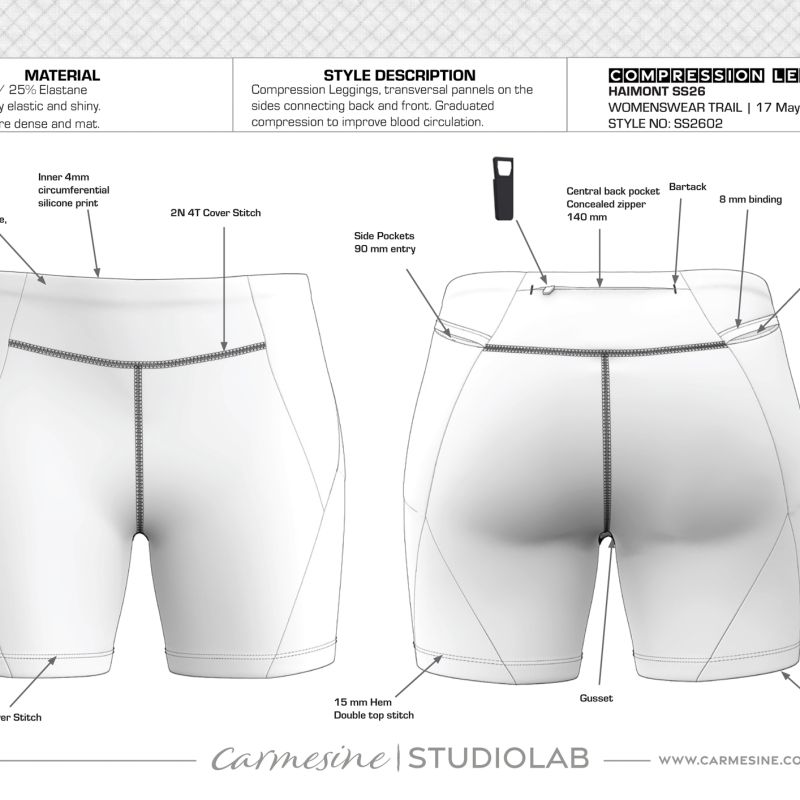 Front and back technical flat of fitted performance running shorts with seam construction details