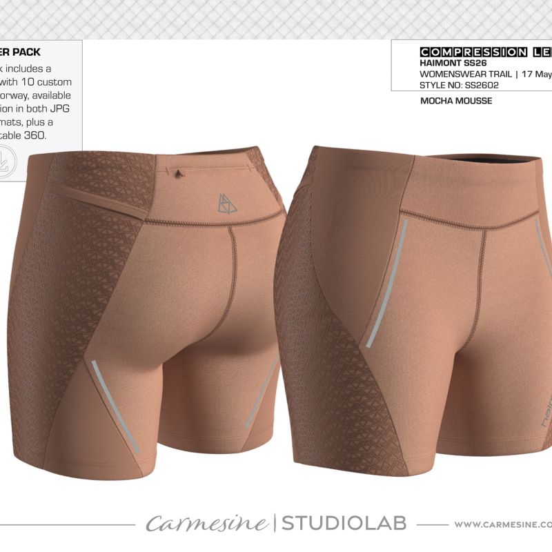 Front and back 3D render of brown fitted compression running shorts with contrast seam details