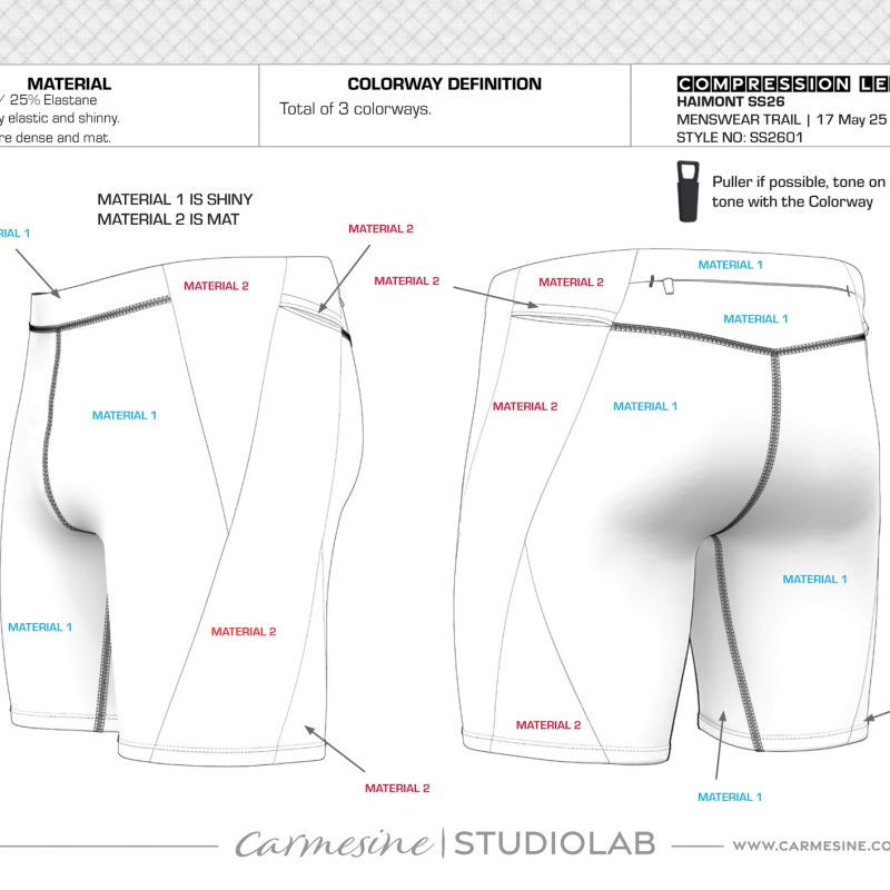 Detailed front and back technical drawing of fitted running shorts showing panels seams and finishing