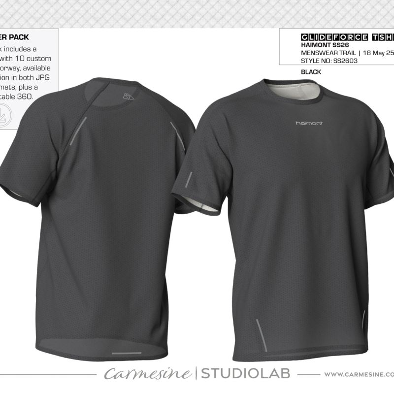 Front and back 3D render of a charcoal grey technical running T-shirt