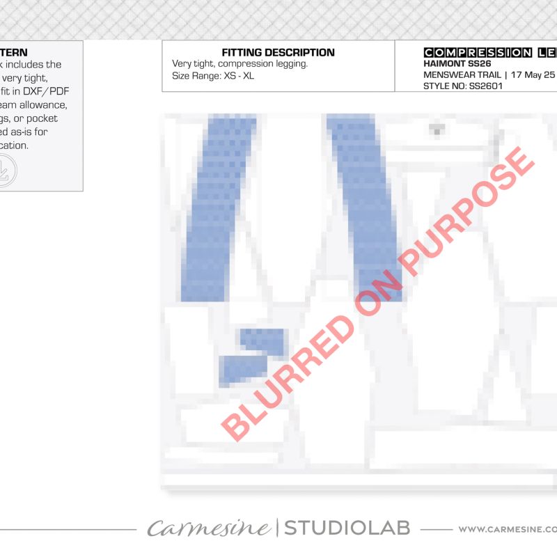 Technical pattern development sheet for fitted running shorts with side panel details