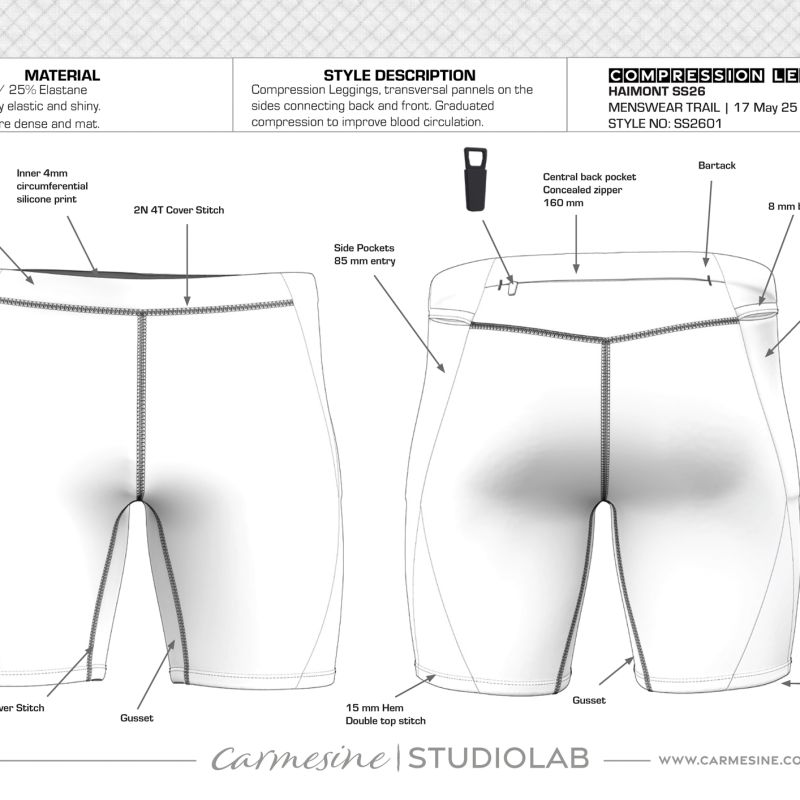 Annotated technical drawing of compression running shorts with front and back construction details