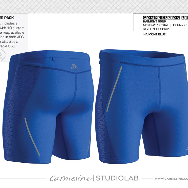 Front and back 3D render of blue compression running shorts with contrast seams