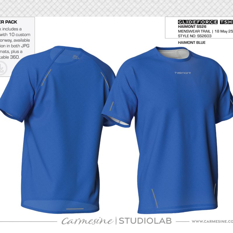 Front and back 3D render of a blue short-sleeve trail running T-shirt