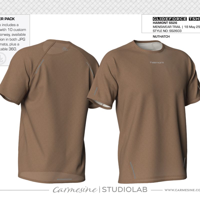 Front and back 3D render of a brown performance running T-shirt
