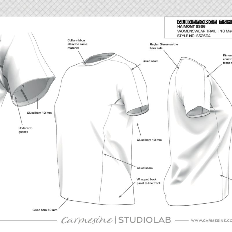 Annotated technical drawing of a women’s short-sleeve running top showing seams and garment construction