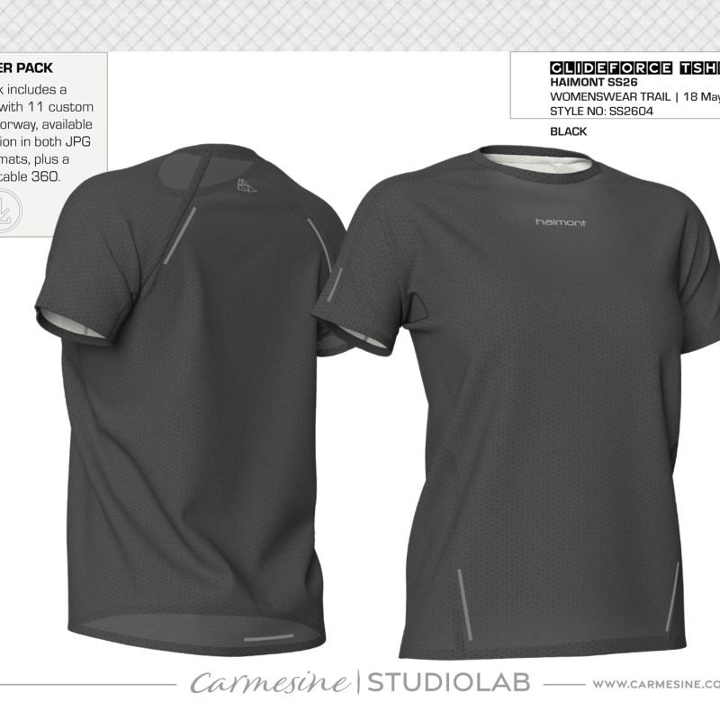 Front and back 3D view of a charcoal grey women’s performance running T-shirt