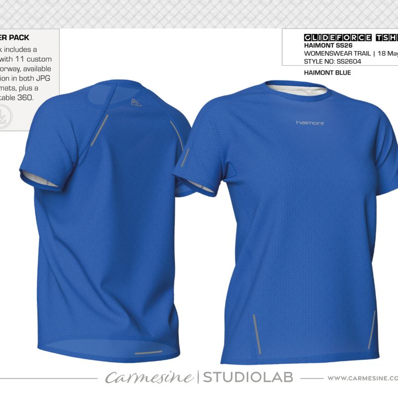 Front and back 3D view of a cobalt blue women’s trail running T-shirt